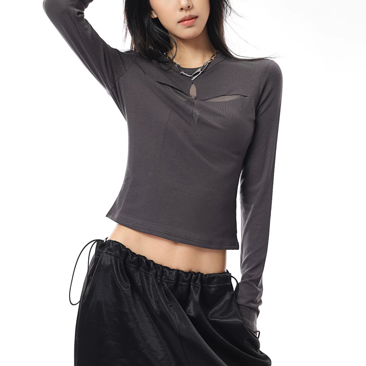メッシュ切り替え長袖Tシャツ（グレー）