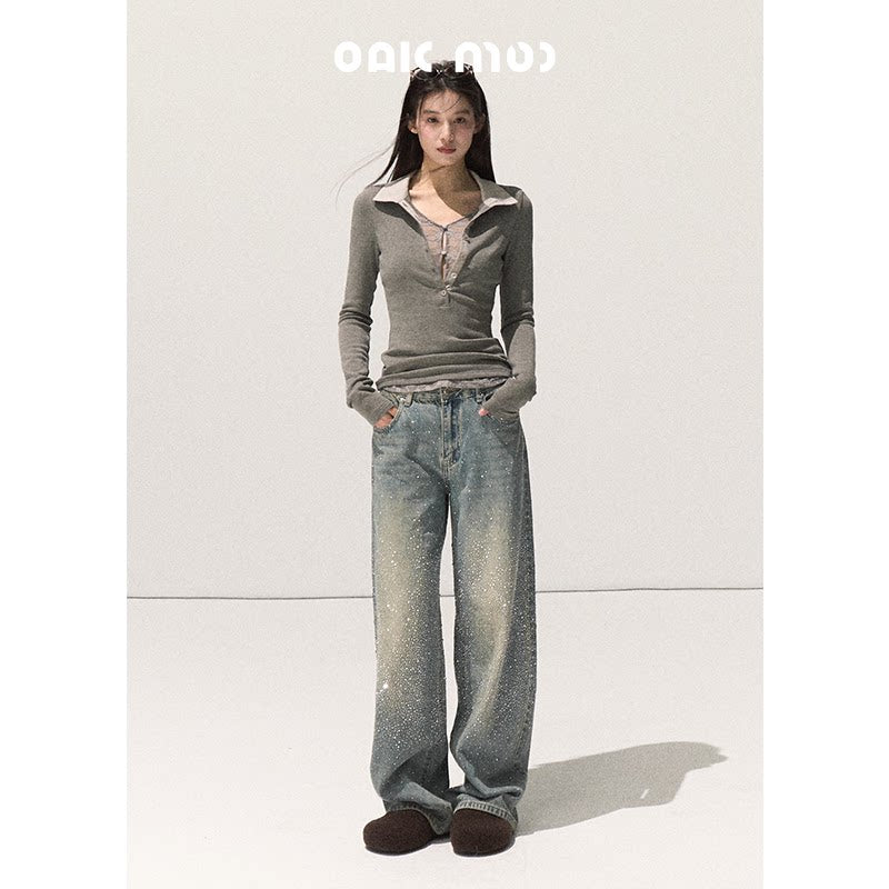 立体ラインストーンストレートデニムパンツ