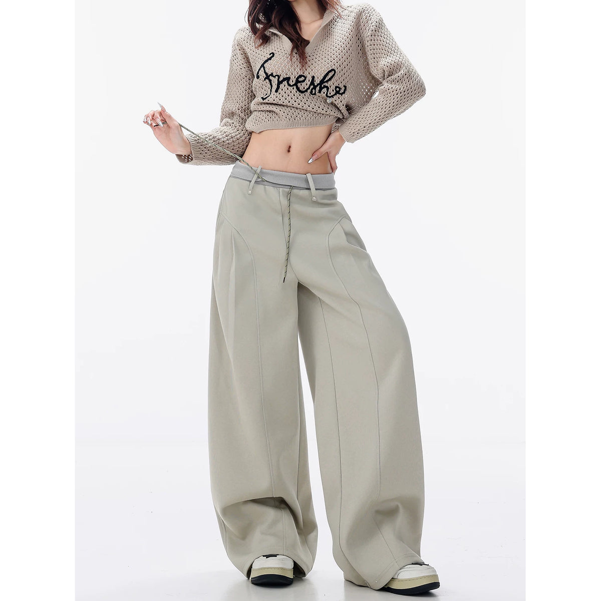 ハイウエスト リボンベルト カーブワイドパンツ
