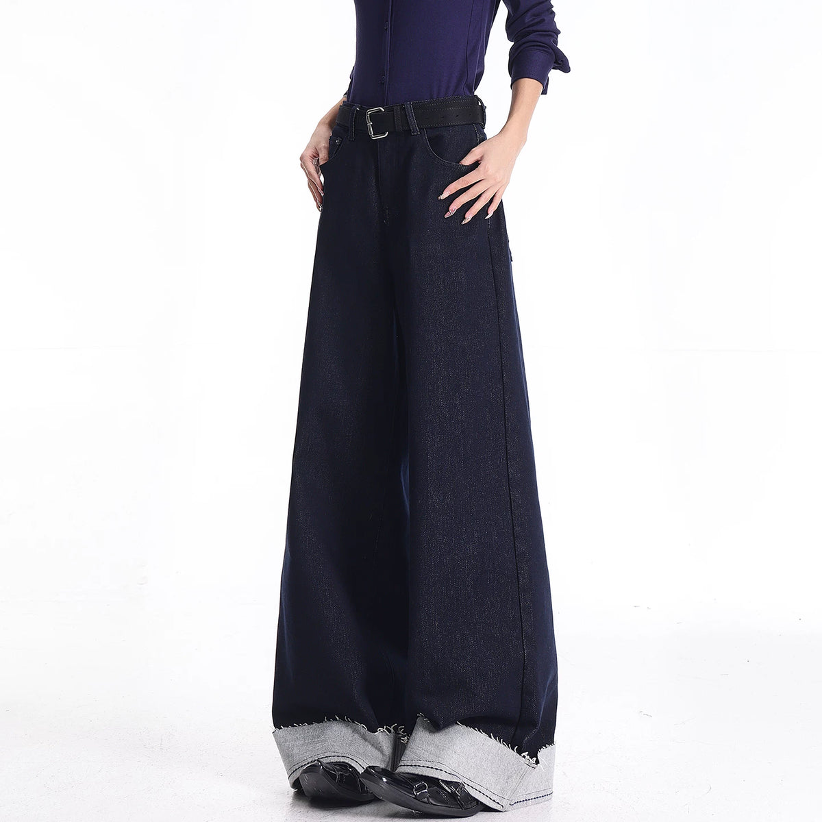 裏起毛ロールアップストレートデニムパンツ