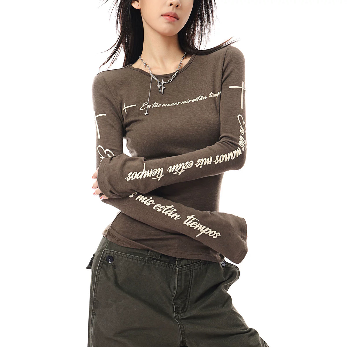 プリントクルーネックフレア長袖Tシャツ