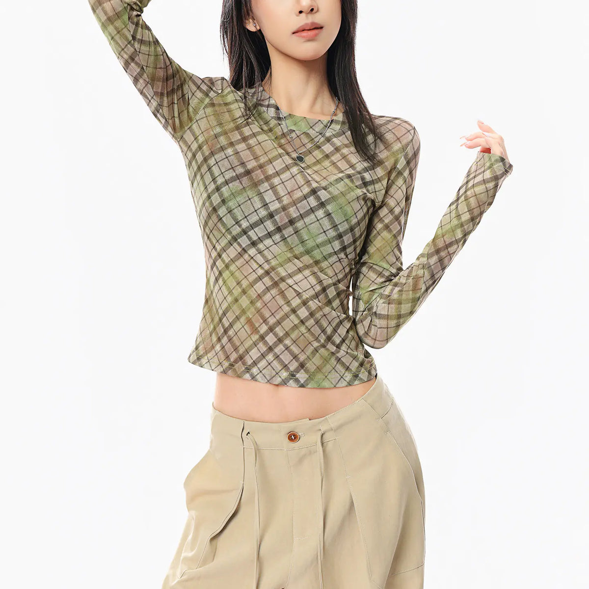 ブラウングリーンチェック柄長袖Tシャツ