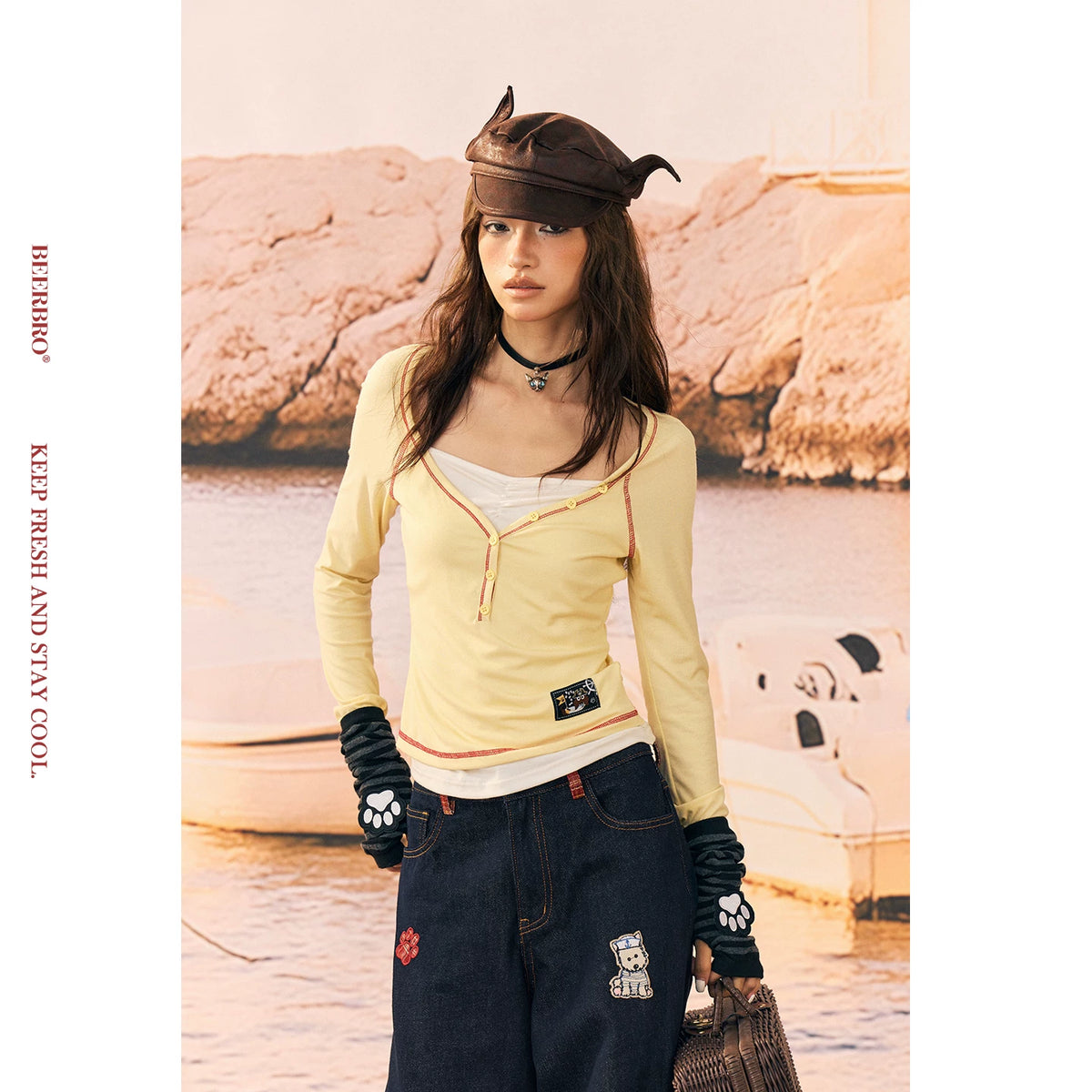 配色フェイクレイヤードニットトップス（リヨセル）