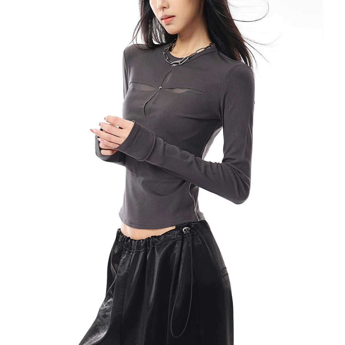 メッシュ切り替え長袖Tシャツ（グレー）