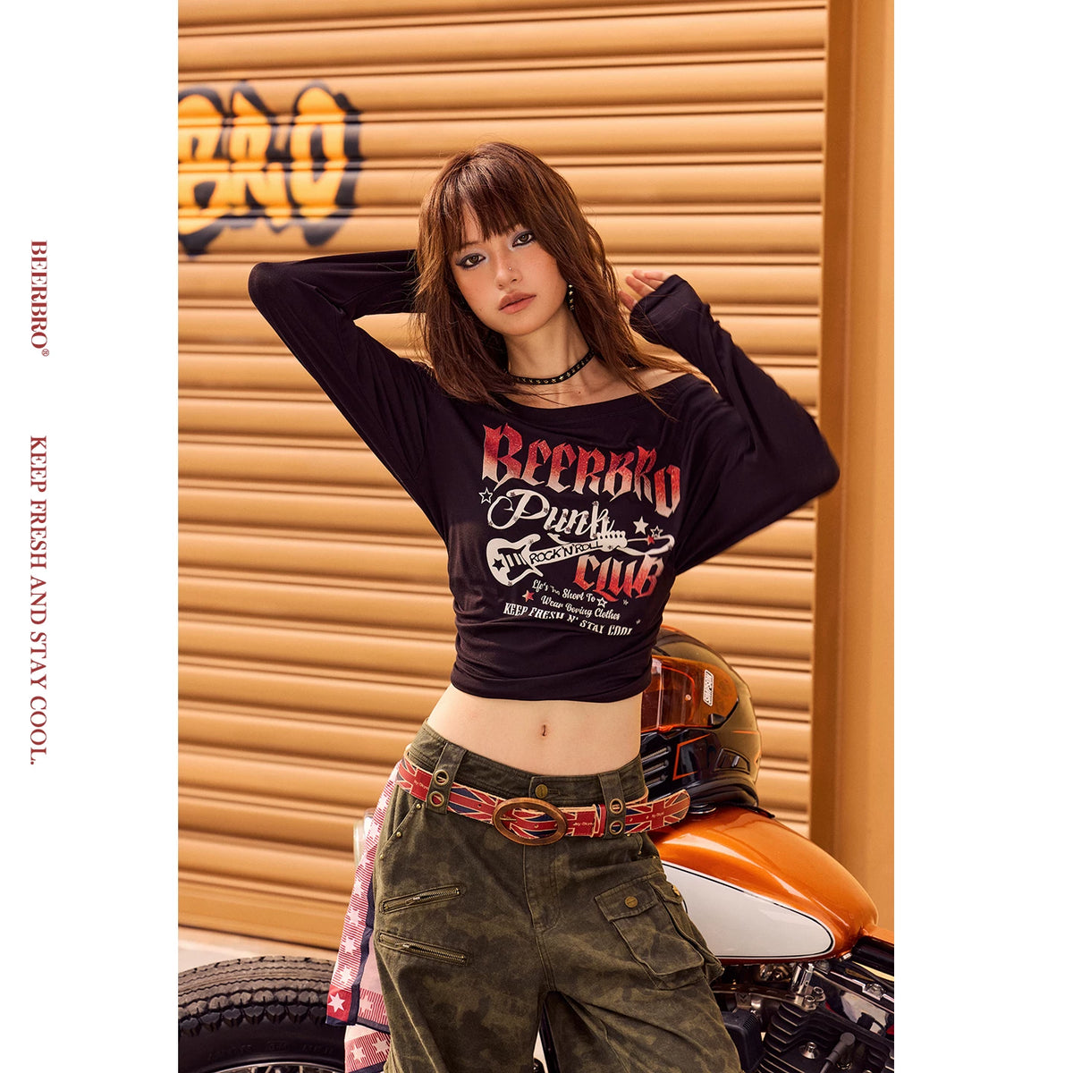 グラデーションラメプリント長袖Tシャツ