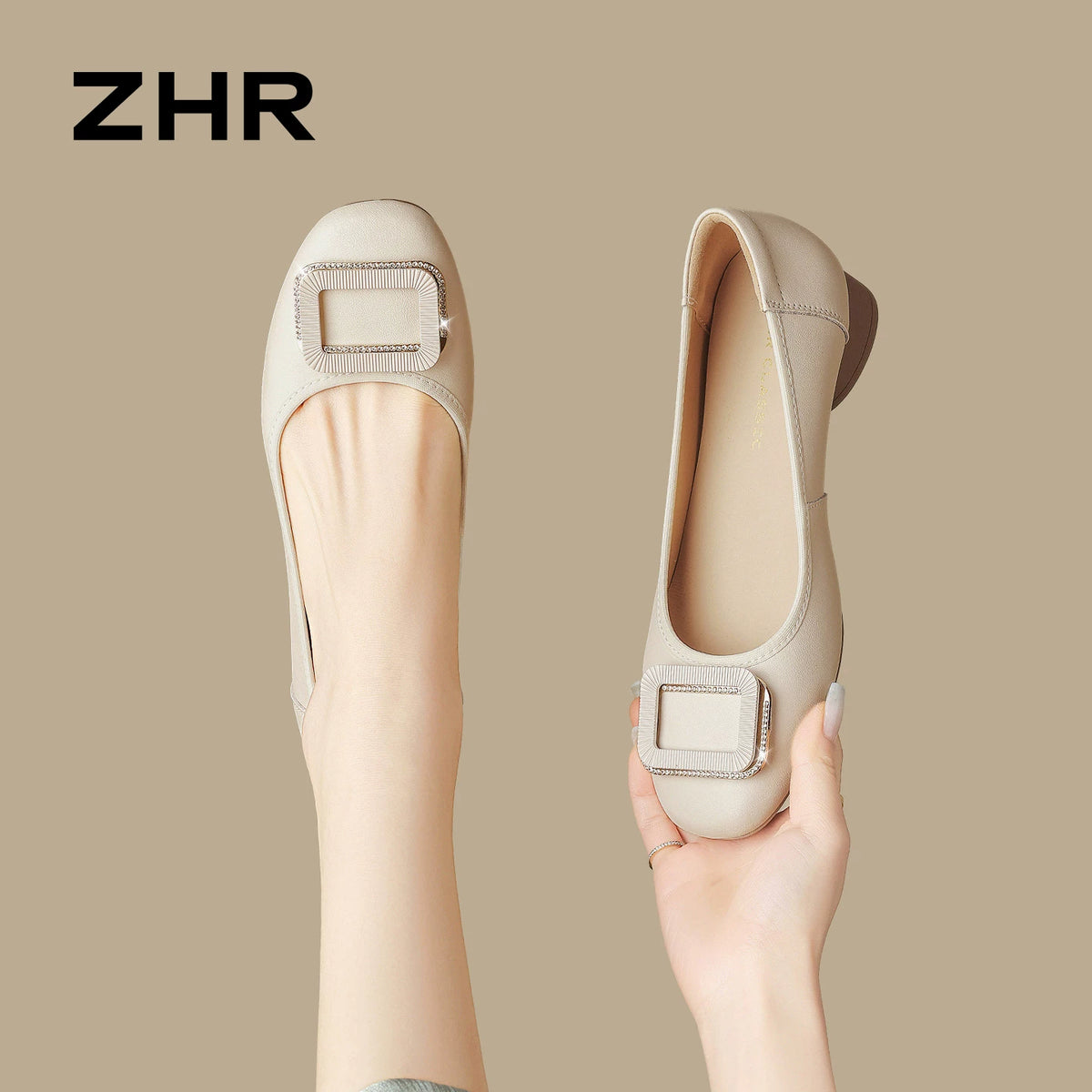 レザーチャンキーヒールパンプス