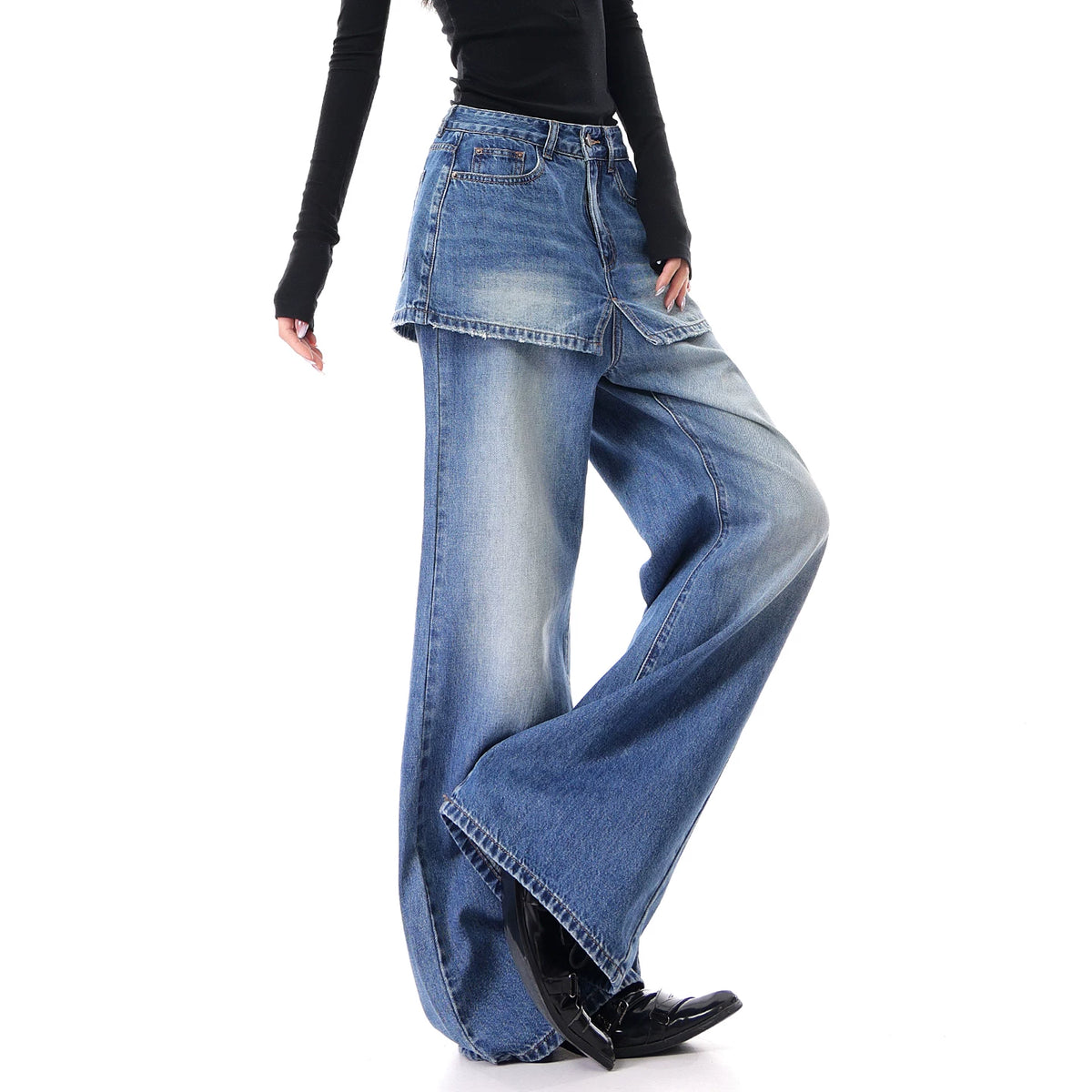レイヤード風ハイウエストワイドデニムパンツ