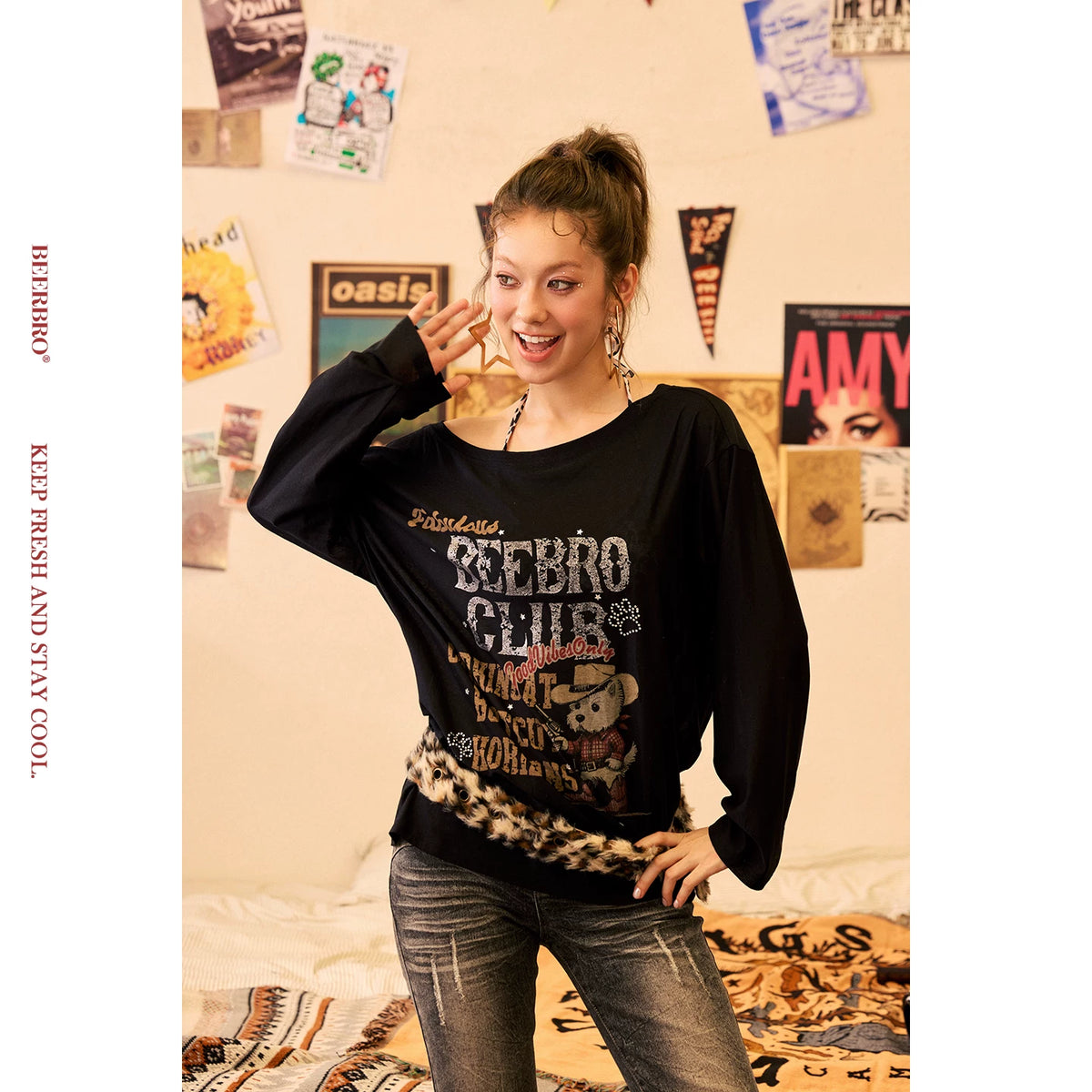 ウエスタン子犬ワンショルダー長袖Tシャツ