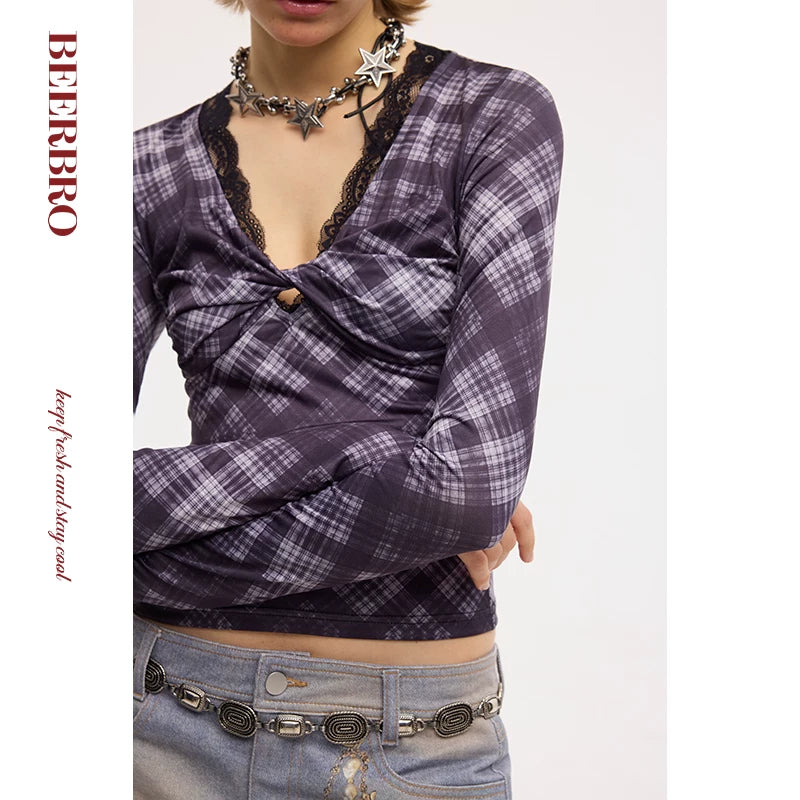 チェック柄レースニットトップス