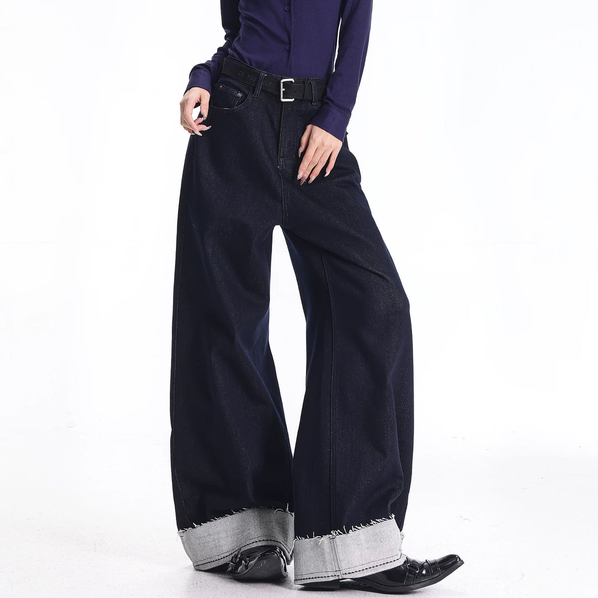 裏起毛ロールアップストレートデニムパンツ