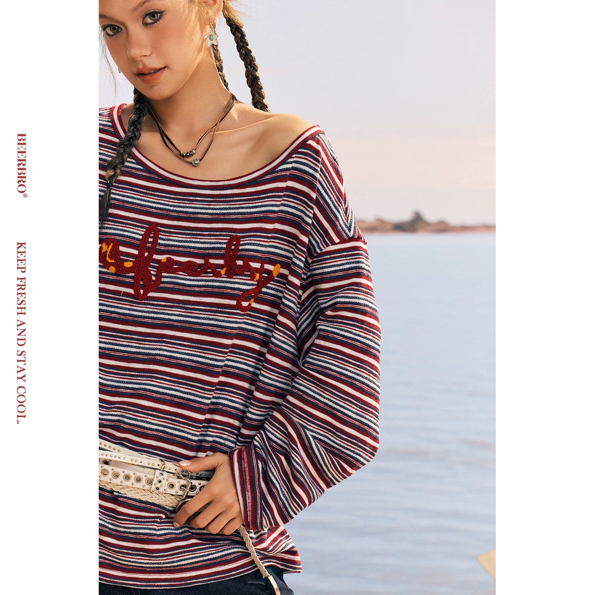 ボーダーワンショルダー長袖Tシャツ