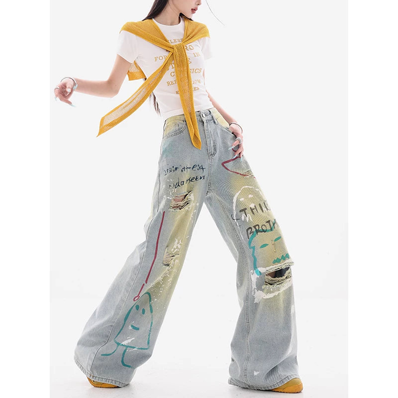 グラフィティダメージ加工ワイドデニムパンツ