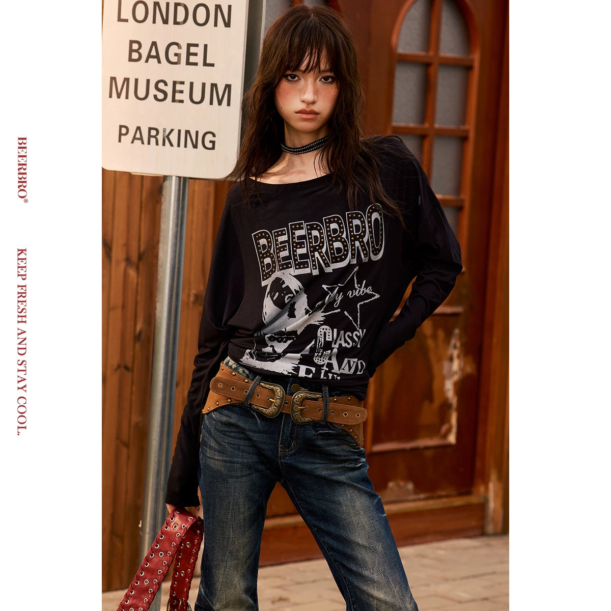 ストレッチドルマンスリーブプリント長袖Tシャツ