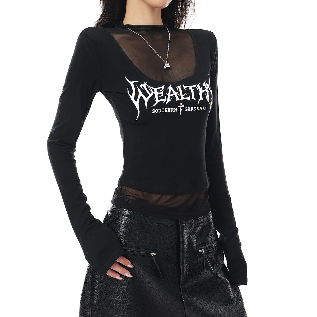 メッシュ切替プリント長袖Tシャツ