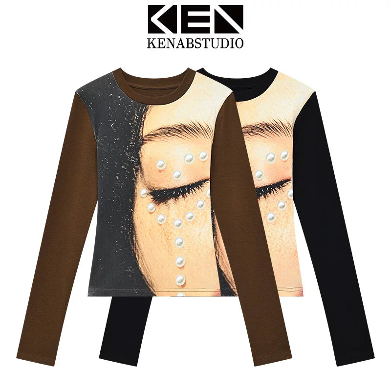 プリント配色長袖Tシャツ