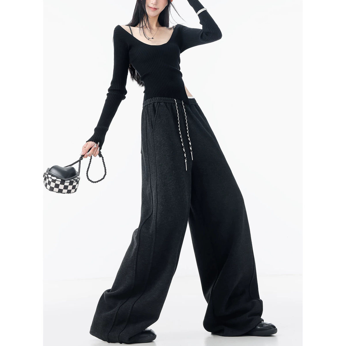 ドローストリング ニット ワイドスウェットパンツ