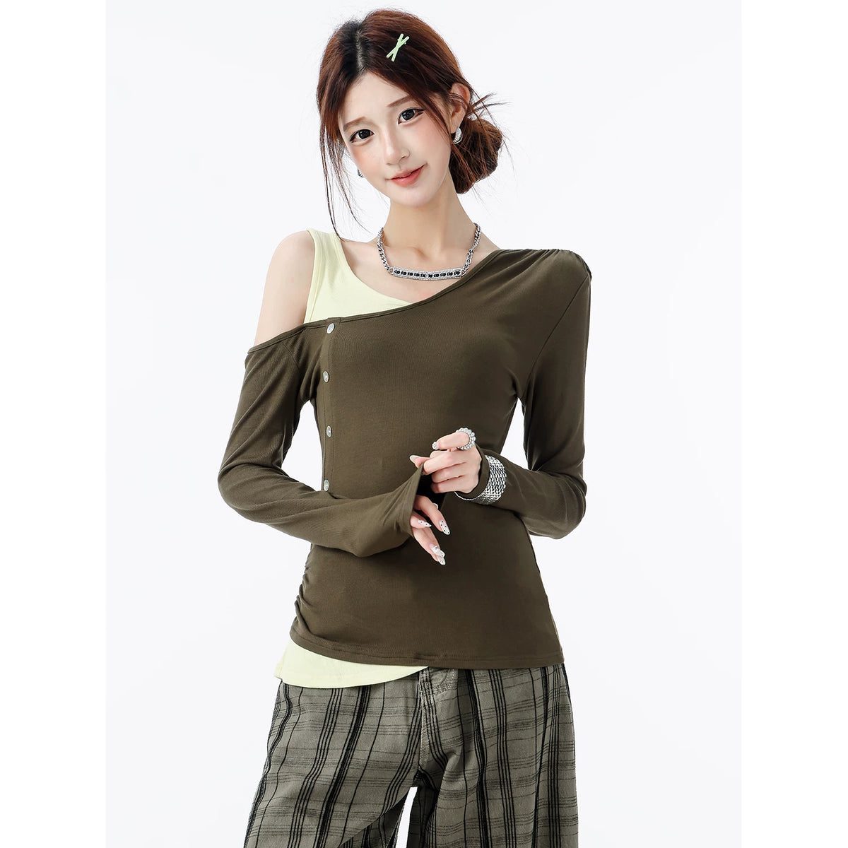 レイヤード風ワンショルダー配色Tシャツ