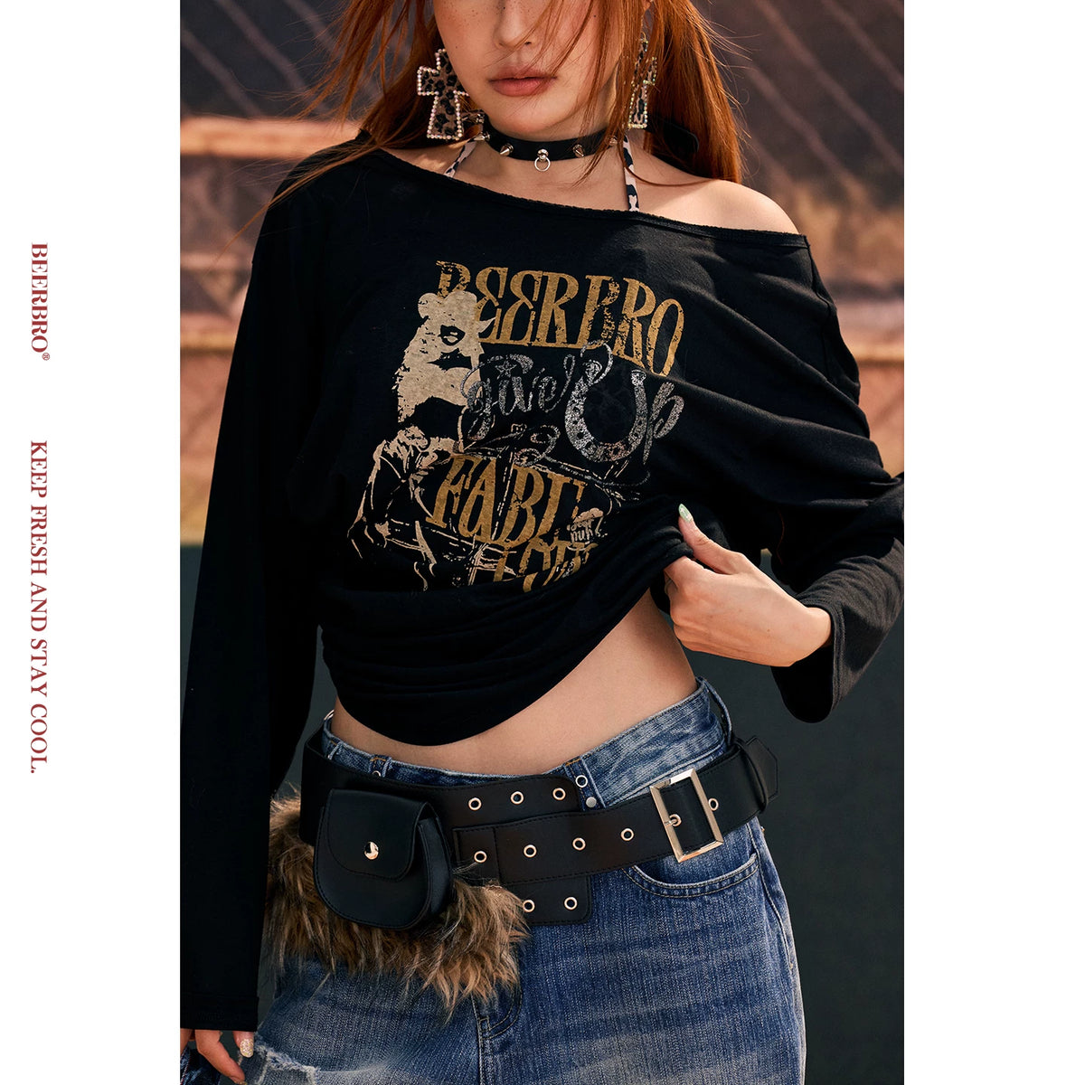 リヨセルラメプリント長袖Tシャツ