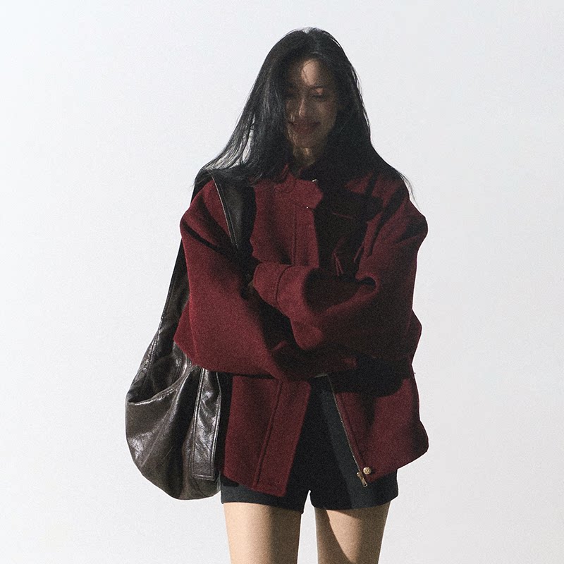 ウール50%アンコラレッドショート丈ウールコート