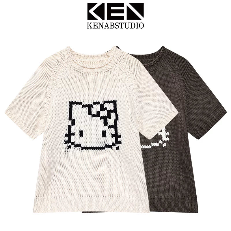 猫モチーフショート丈ニットTシャツ
