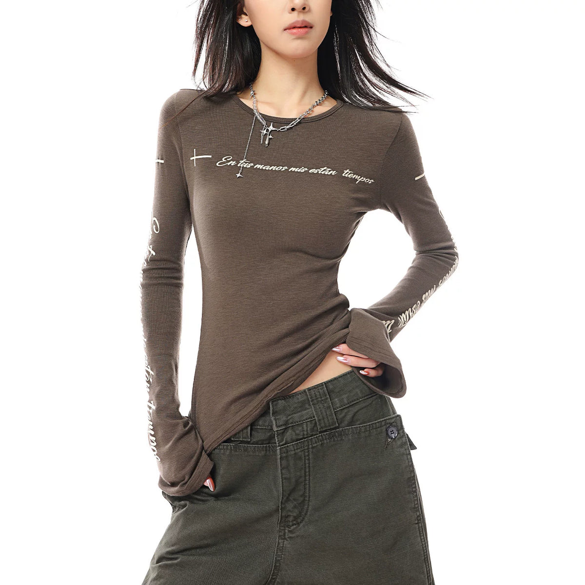 プリントクルーネックフレア長袖Tシャツ
