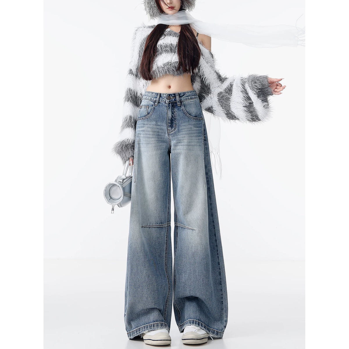 ユーズド加工ステッチワイドデニムパンツ