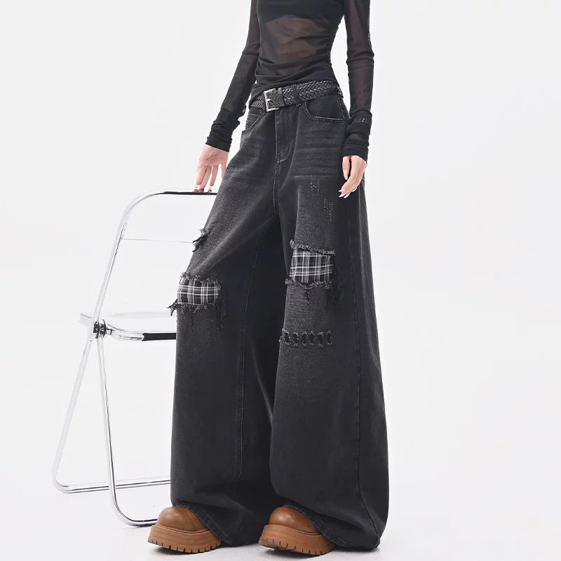 チェック切り替えストレートワイドデニム