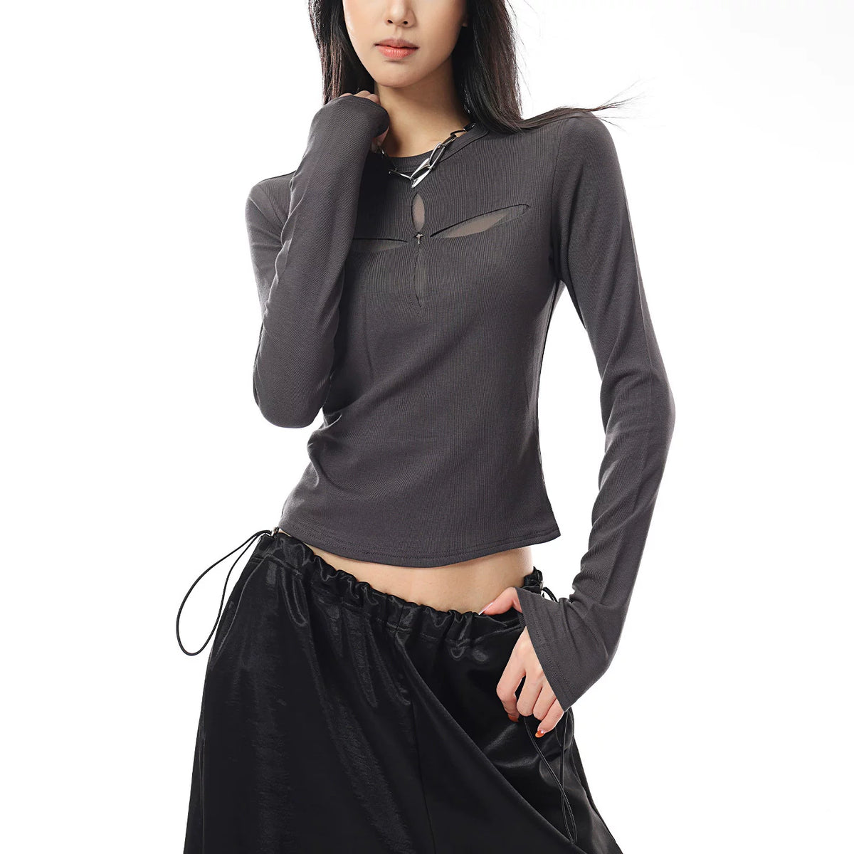 メッシュ切り替え長袖Tシャツ（グレー）