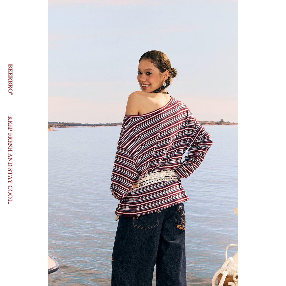 ボーダーワンショルダー長袖Tシャツ