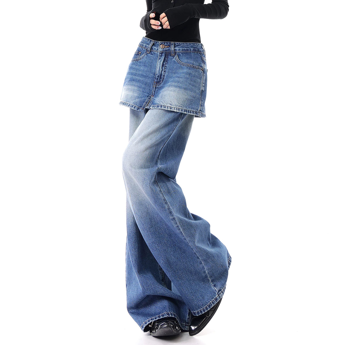 レイヤード風ハイウエストワイドデニムパンツ