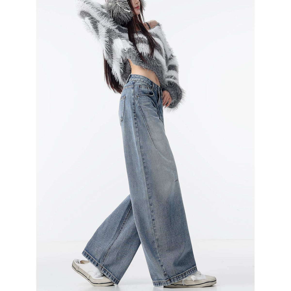 ユーズド加工ステッチワイドデニムパンツ