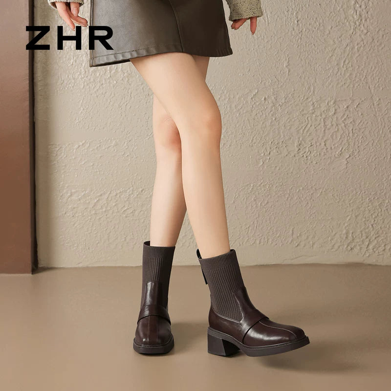 チャンキーヒール裏起毛ソックスブーツ