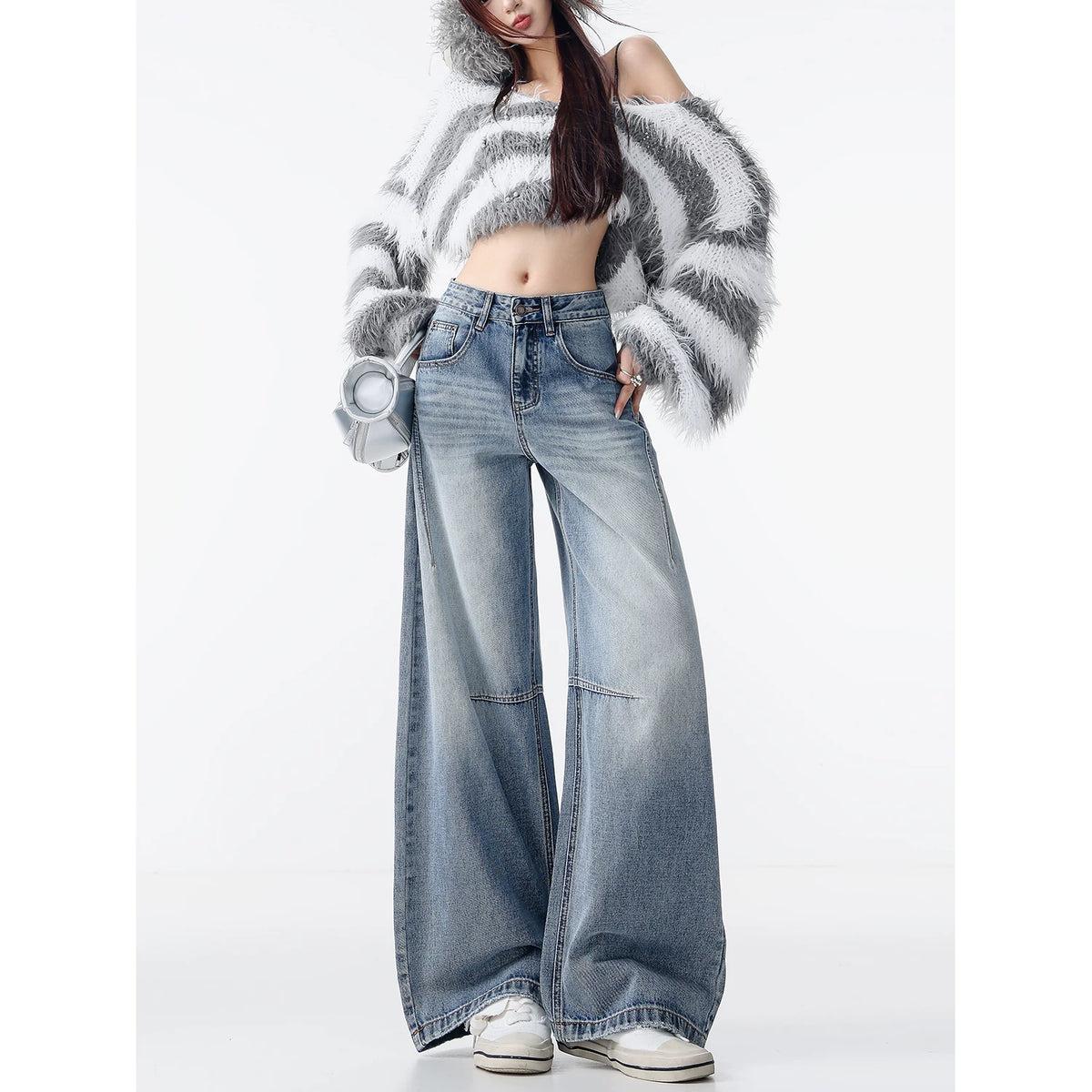 ユーズド加工ステッチワイドデニムパンツ