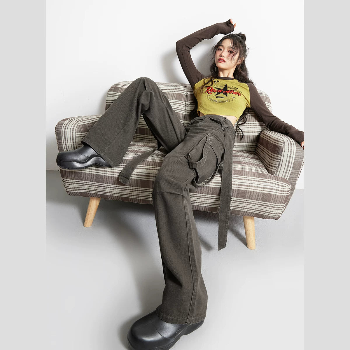 ハイウエストストレートカーゴデニムパンツ