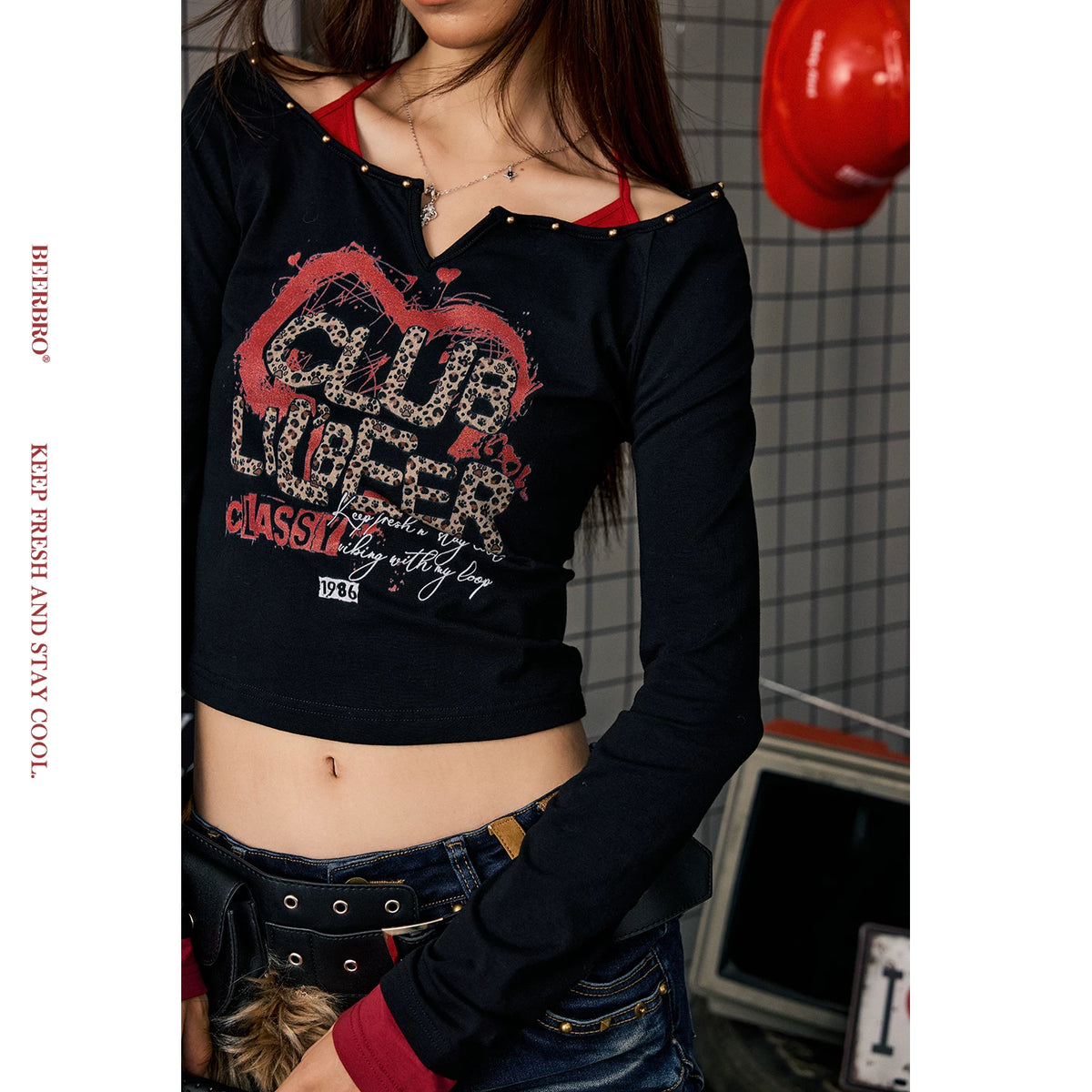 ラメプリントフェイクレイヤード長袖Tシャツ