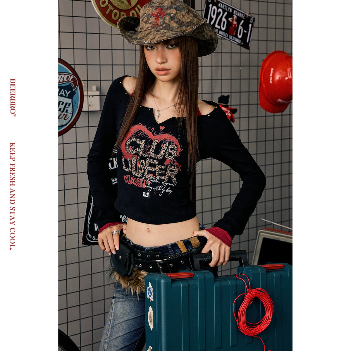 ラメプリントフェイクレイヤード長袖Tシャツ