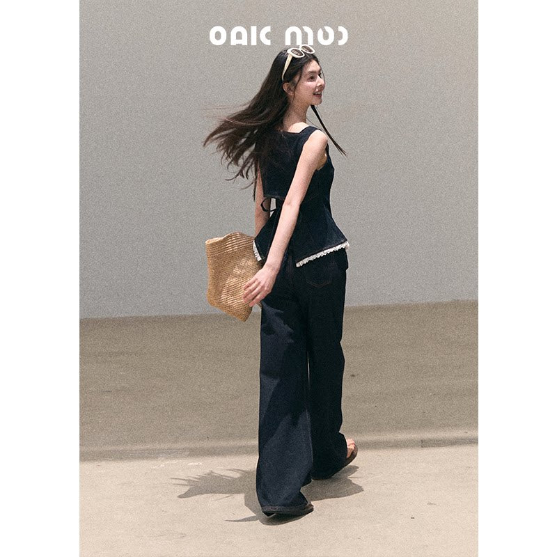 ボヘミアン レース デニム キャミトップ ワイドパンツ セットアップ