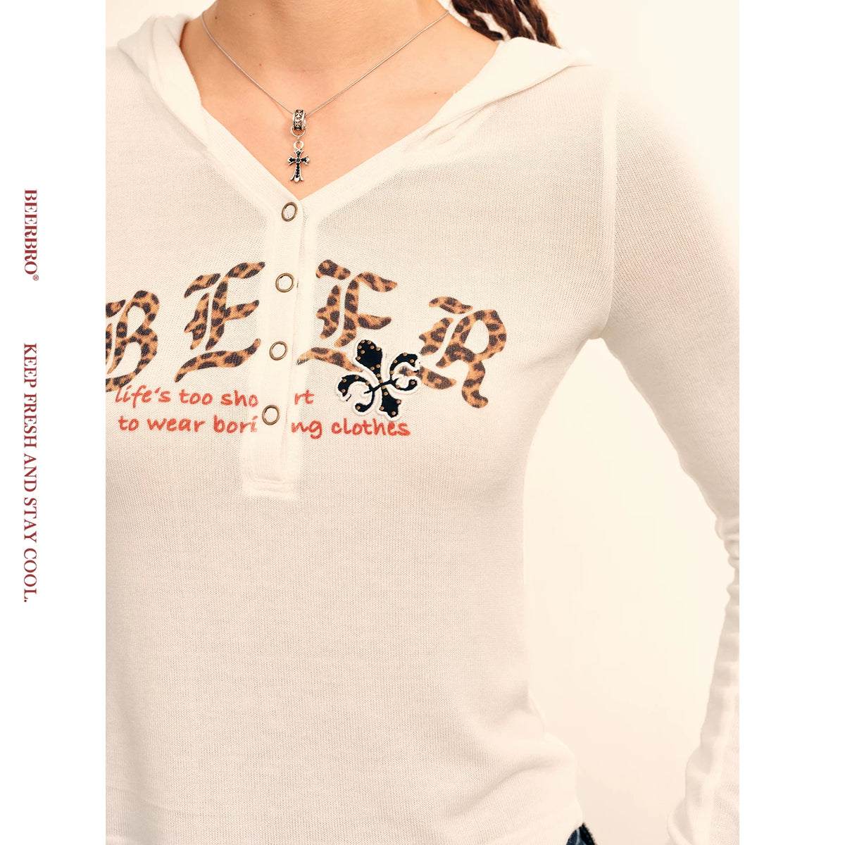 フード付きプリントタイト長袖Tシャツ