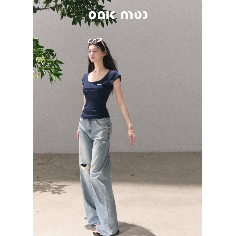ラインストーンワイドストレートデニムパンツ