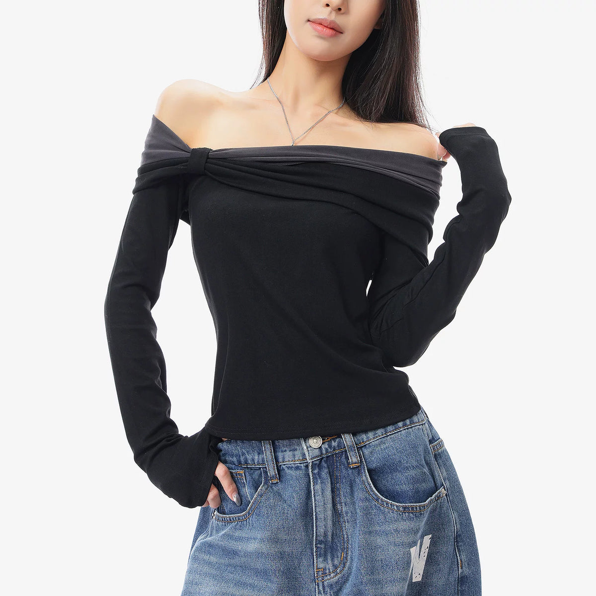 メッシュ切替レイヤード風長袖Tシャツ（ブラック）