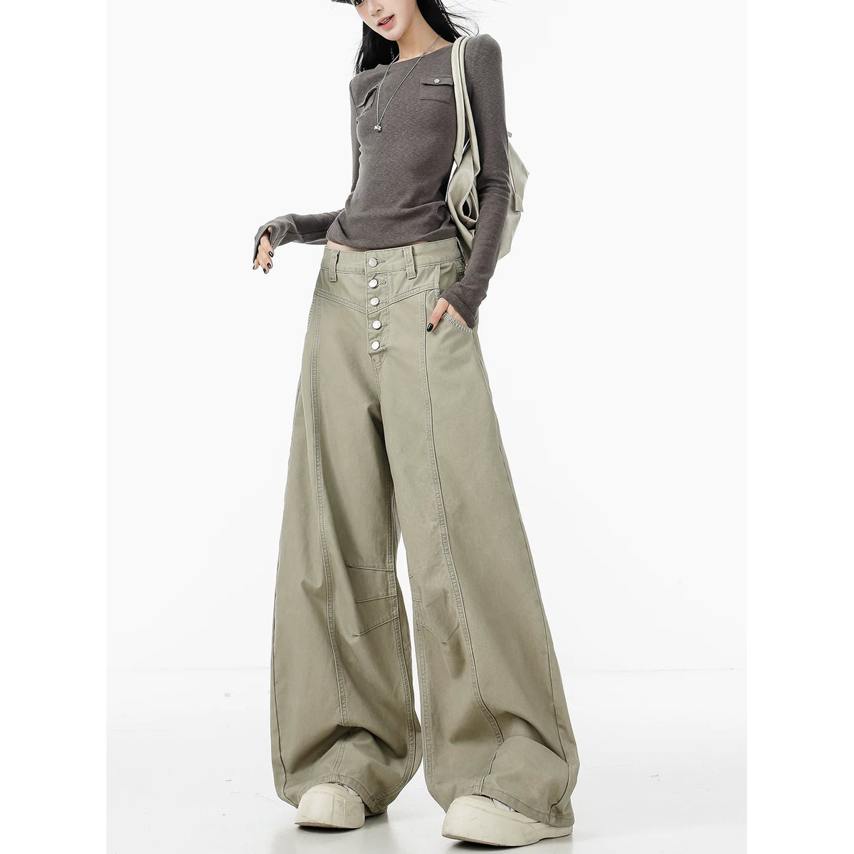 ボタンデザインカーゴカーブデニムパンツ
