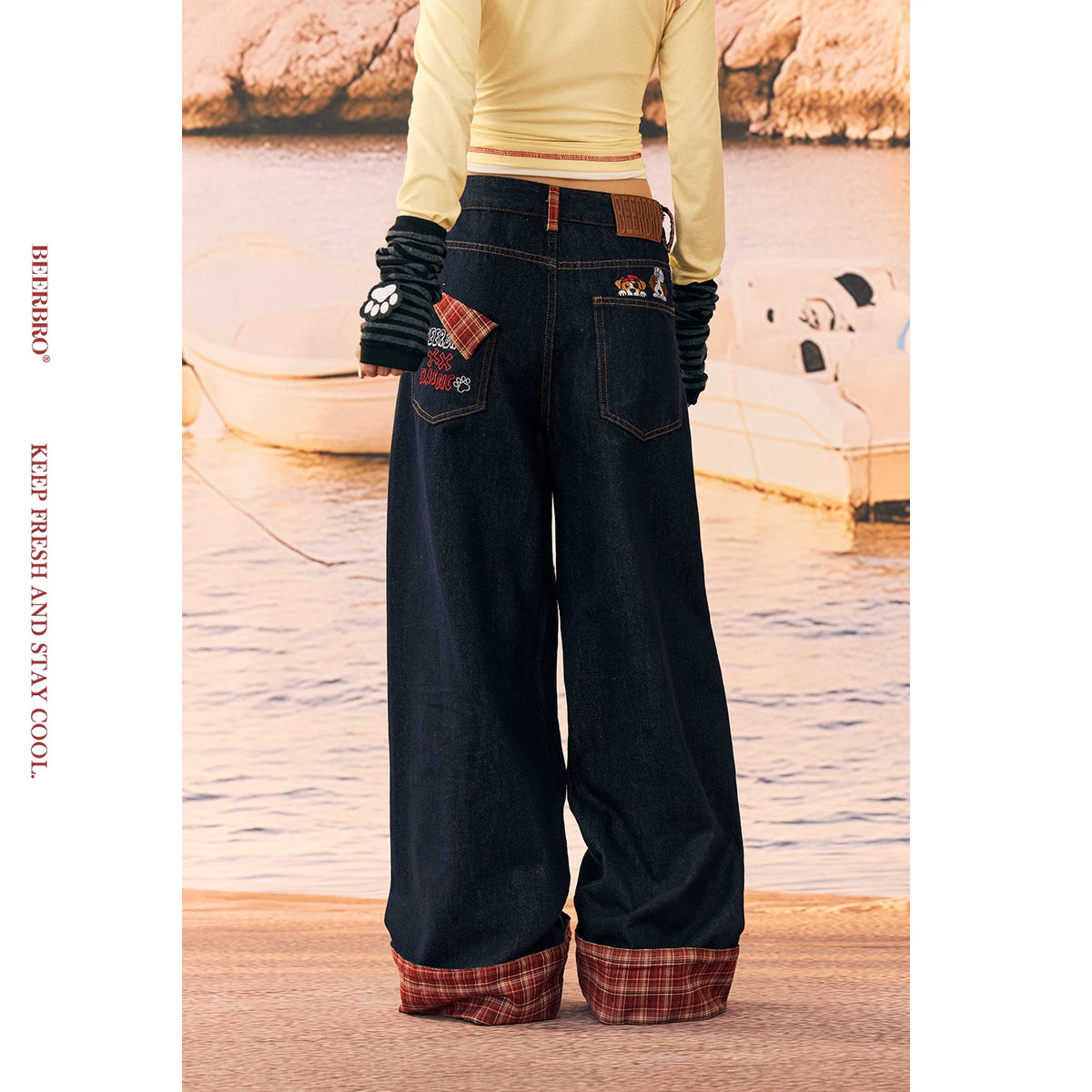 チェーン刺繍チェック柄ストレートデニムパンツ
