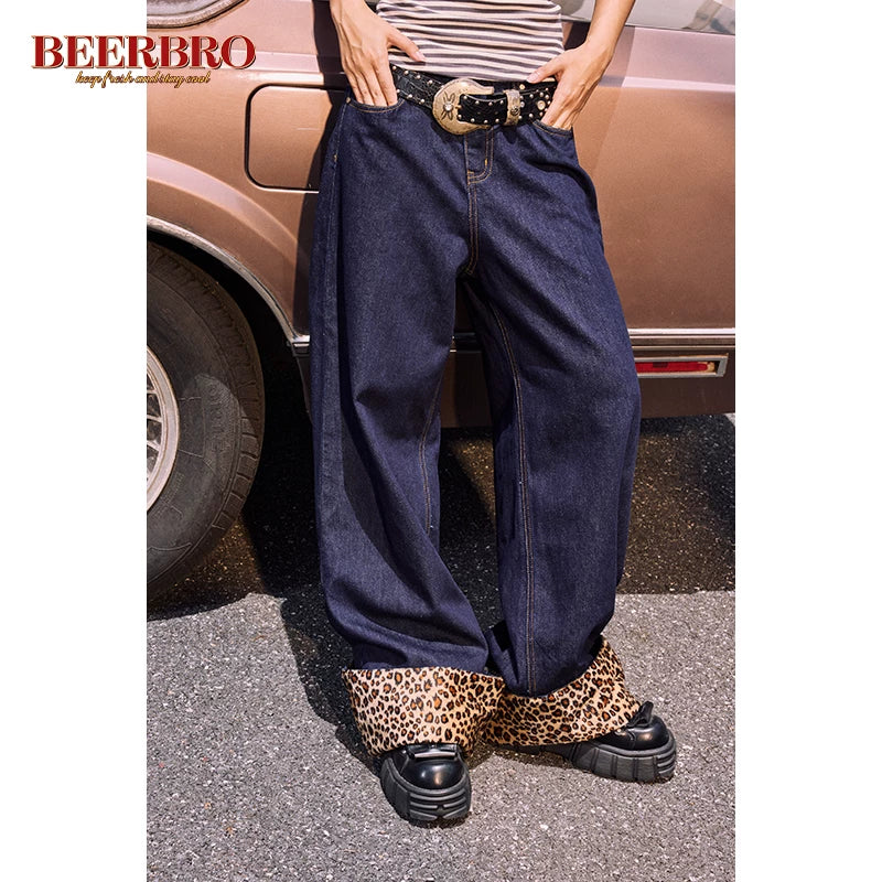 レオパード折り返し刺繍ワイドデニムパンツ