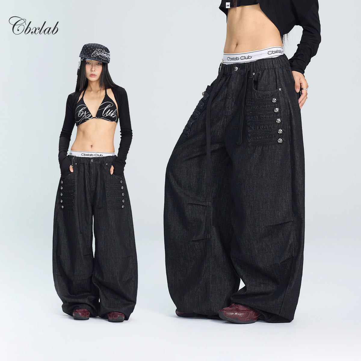 ヴィンテージ加工スタッズ付きワイドデニムパンツ