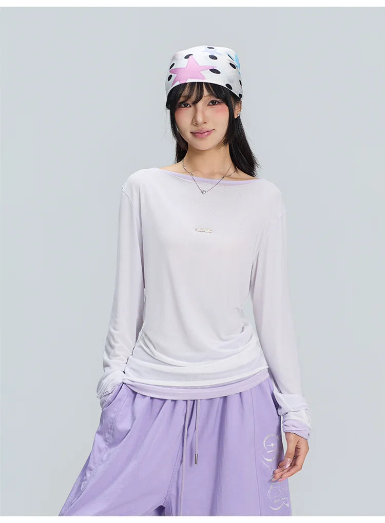 メッシュレイヤード風長袖トップス