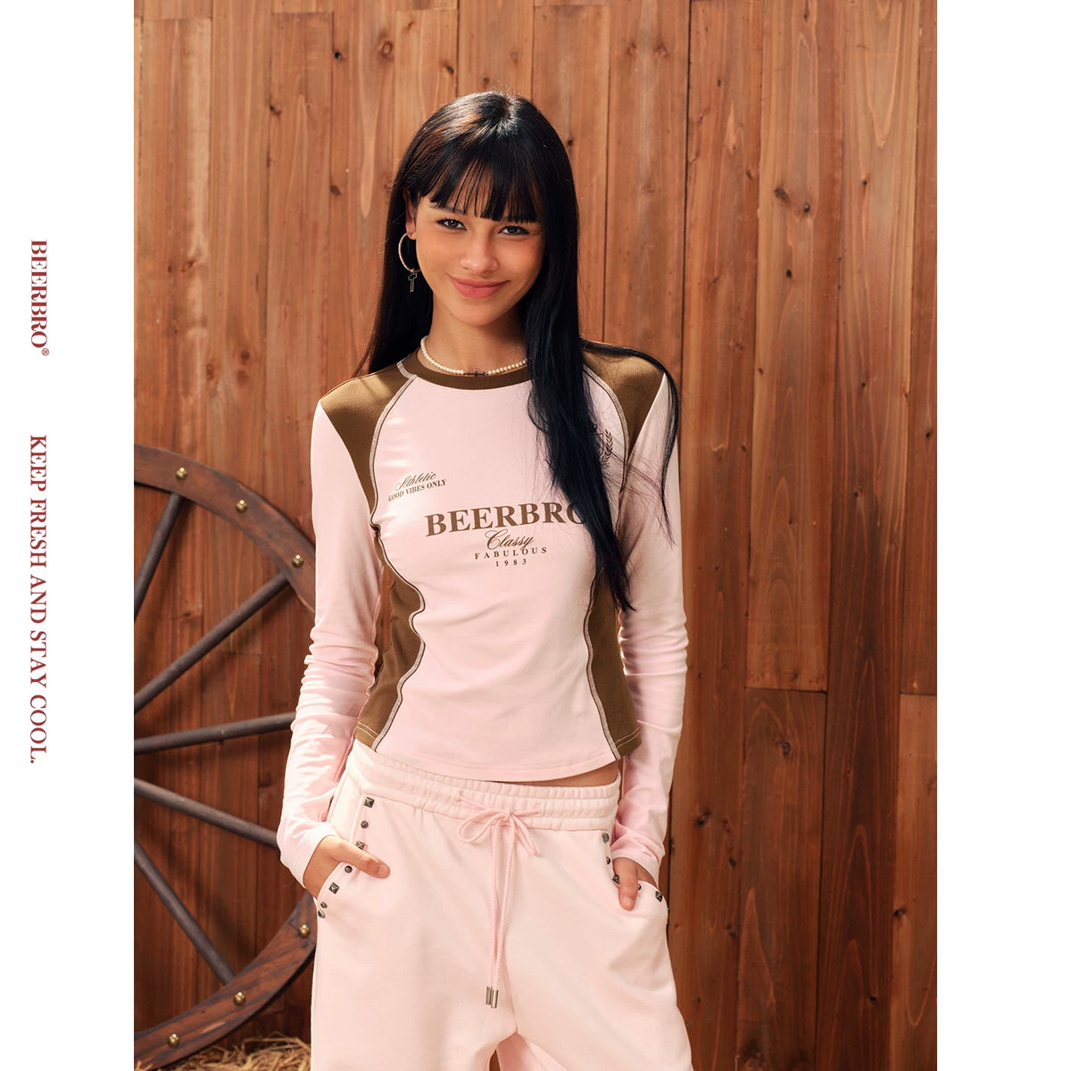 カレッジ風配色ショート丈長袖Tシャツ