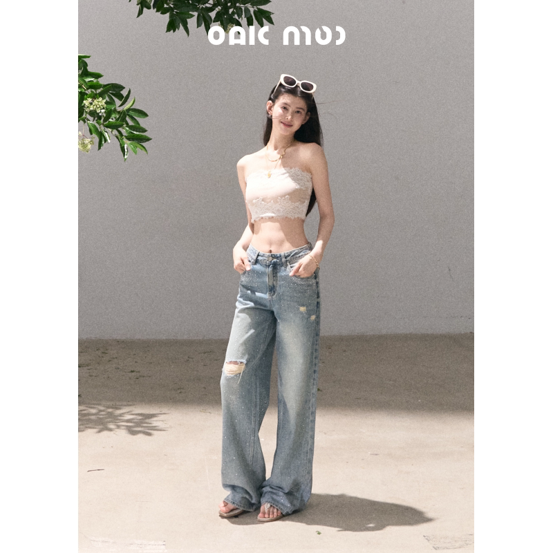 ラインストーンワイドストレートデニムパンツ
