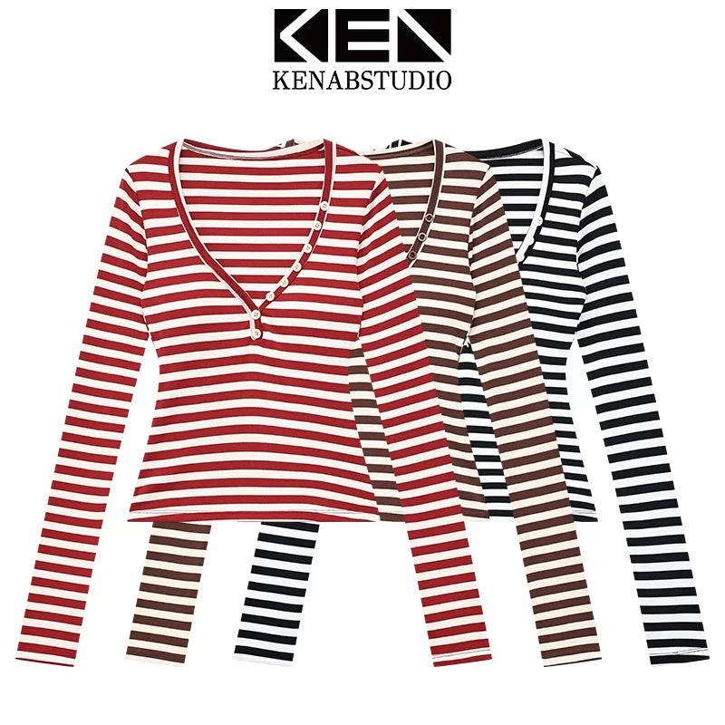 ストライプVネック長袖Tシャツ