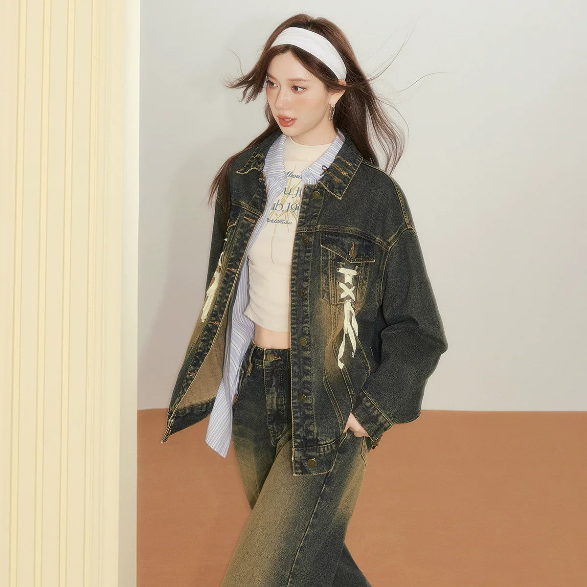デニムジャケット＆ハイウエストストレートパンツ セット