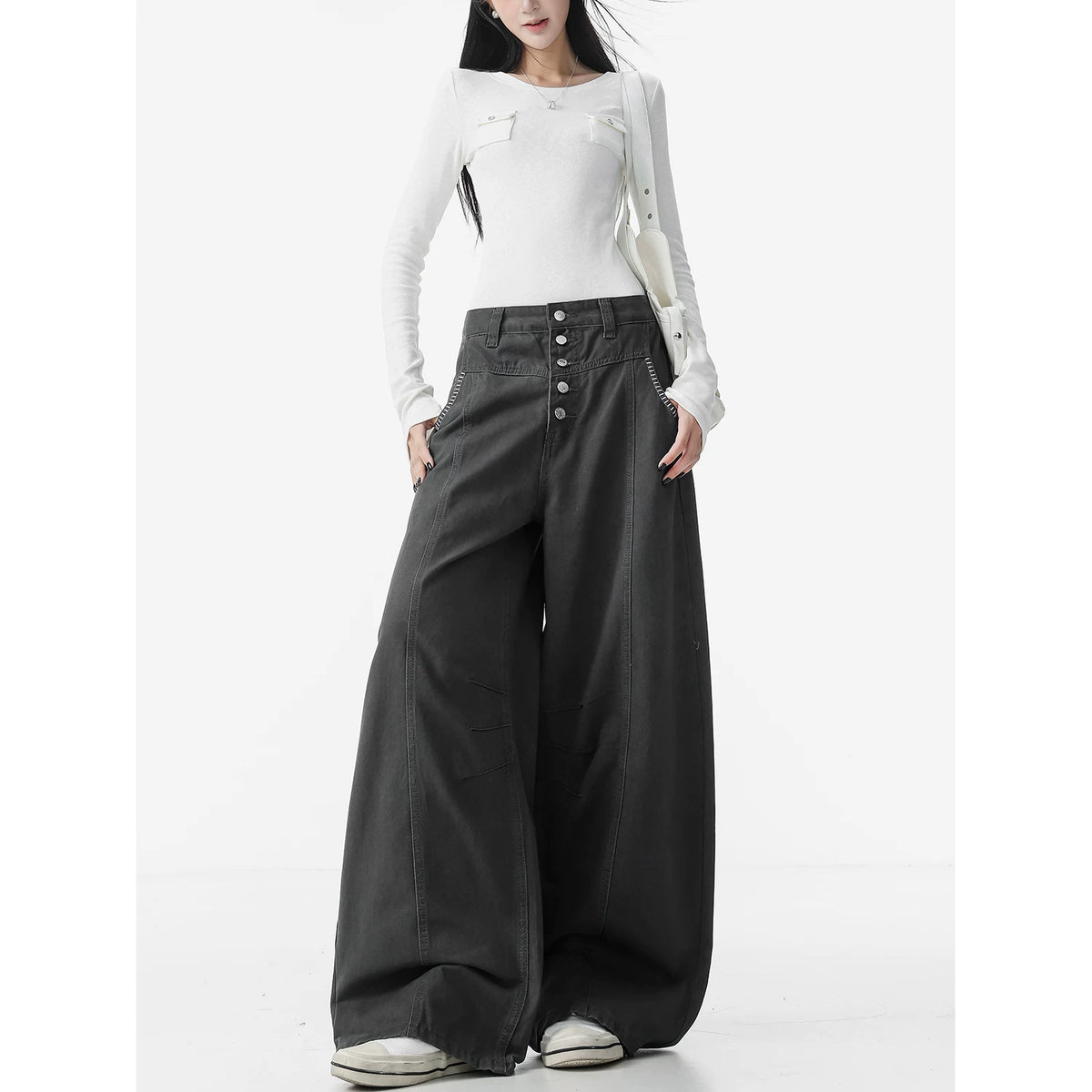 ボタンデザインカーゴカーブデニムパンツ